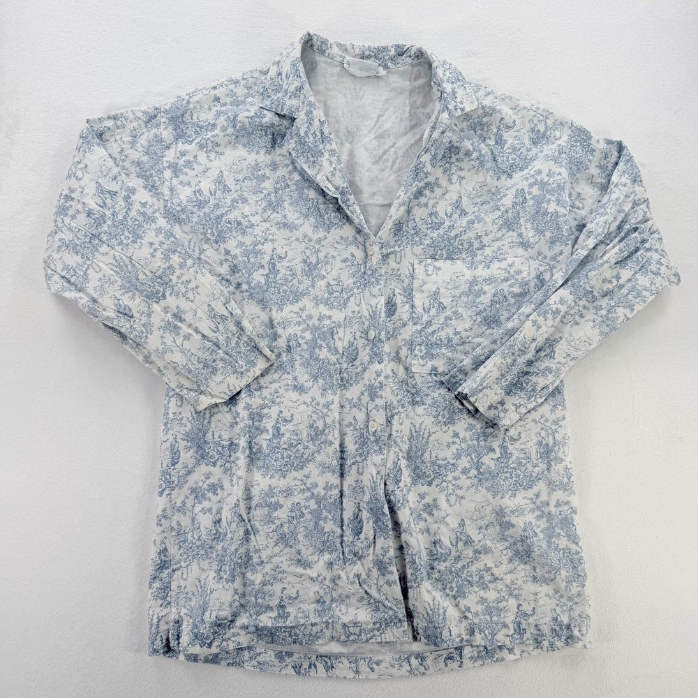 Chambers Shirt Mens Large White Blue Toile Print Button Up 3/4 Sleeve Casual